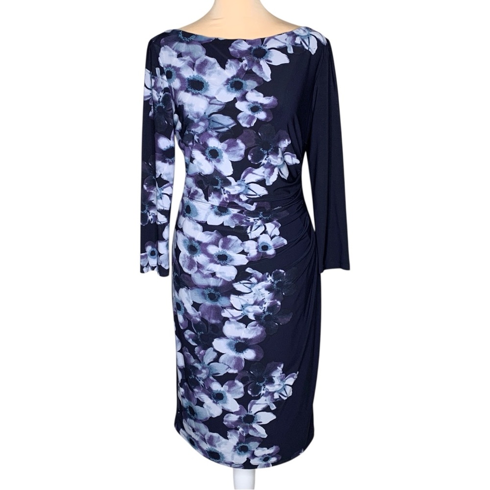 Ralph Lauren LRL Floral Ruched Sheath Midi Dress 4 Navy Blue Stretch Knit
